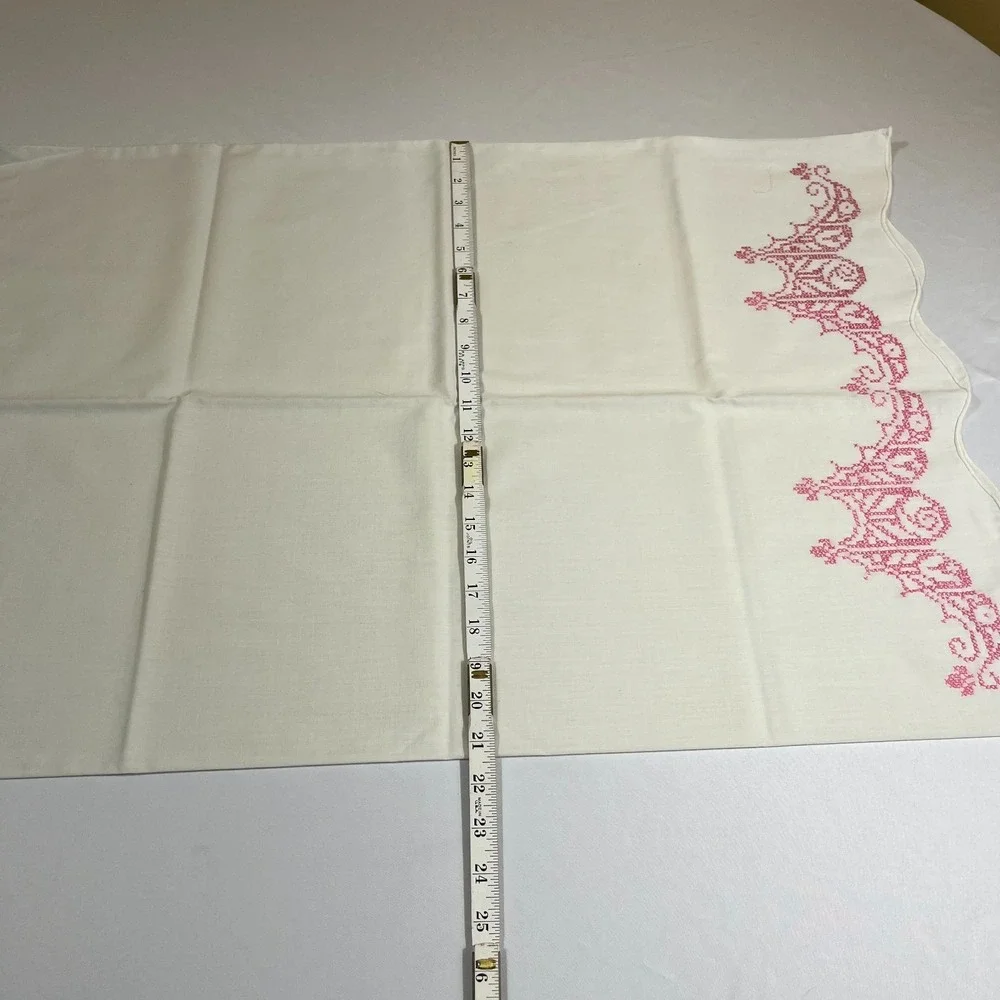 Vintage Cross Stitch Pillowcases White Cotton Pink Scalloped Edge Cottagecore 2p